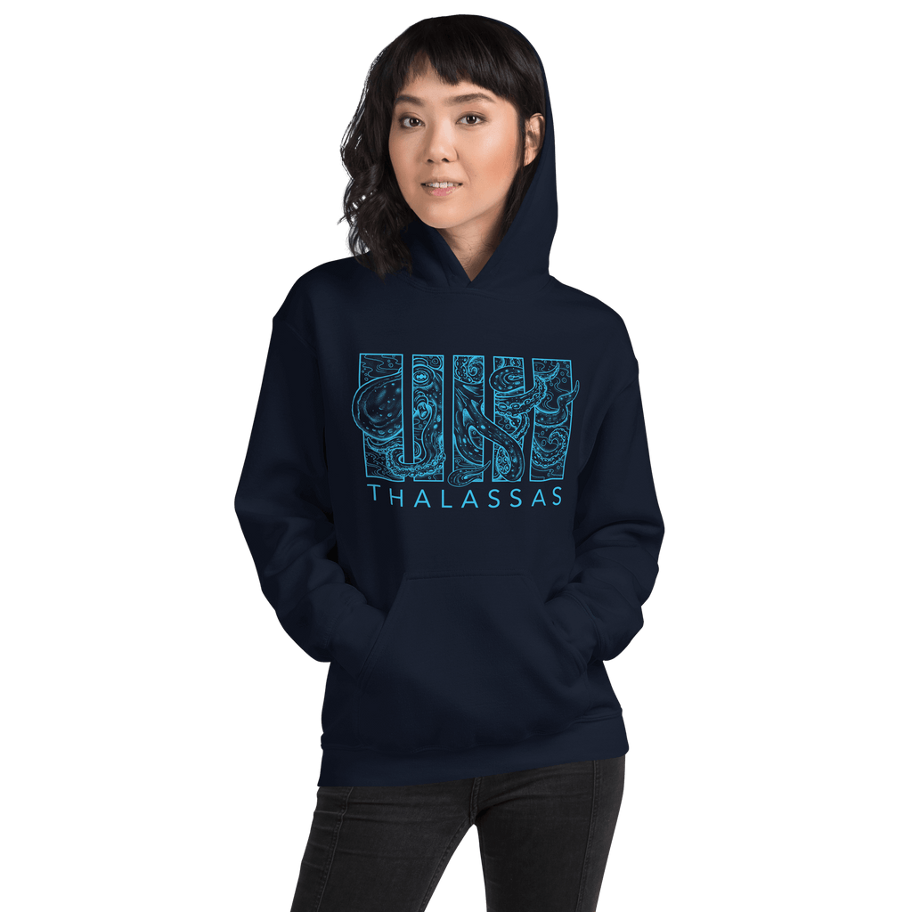 navy hoodie with light blue drawing of an octopus with Thalassas text below