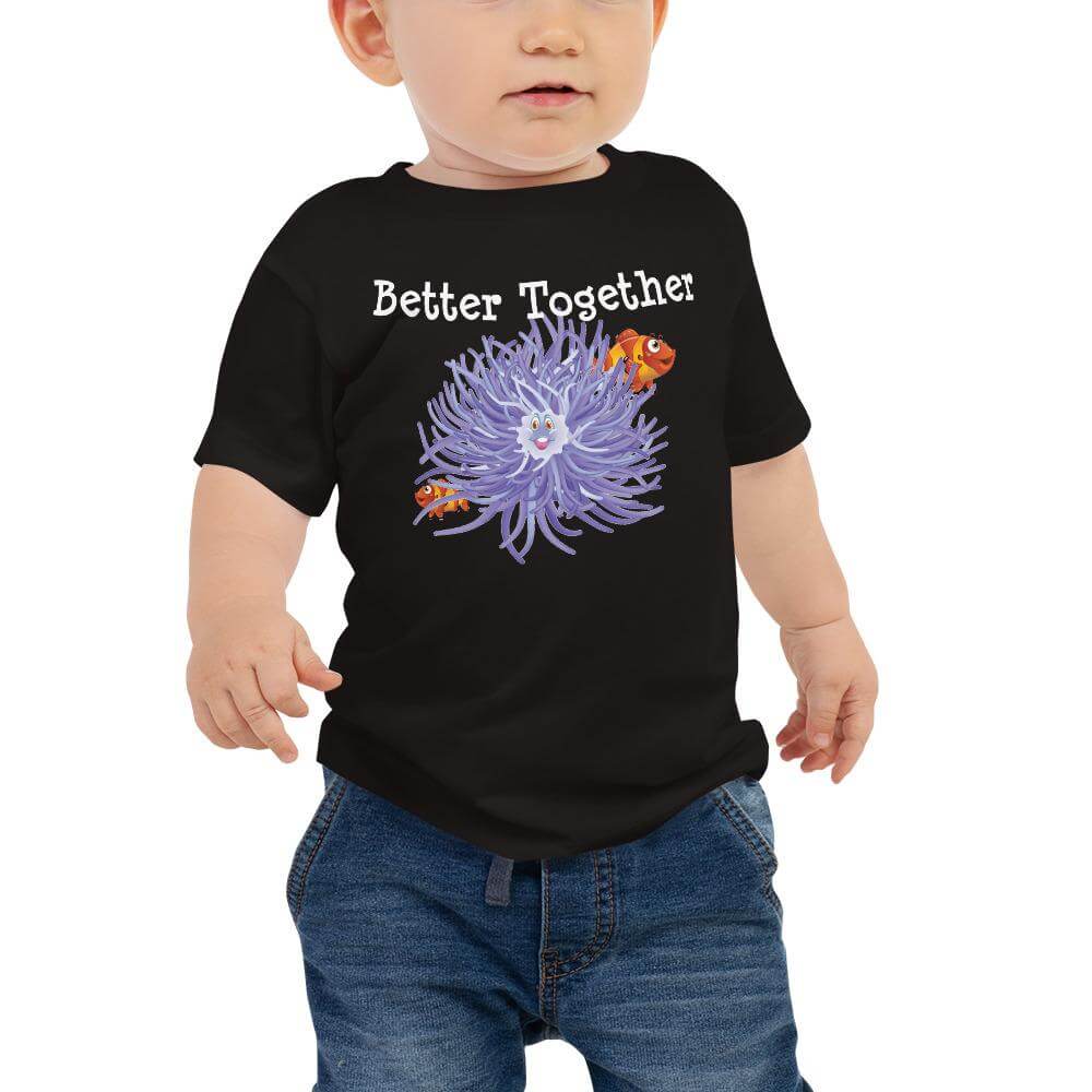 Baby T-Shirt, color heather columbia blue, friendship design of purple anemone, orange clownfish and words better together.