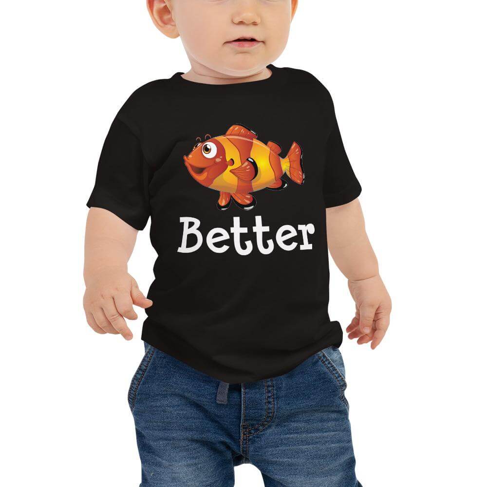 Sporty Baby T-Shirt, in color heather columbia blue with clownfish on front of shirt and the word better under clownfish.