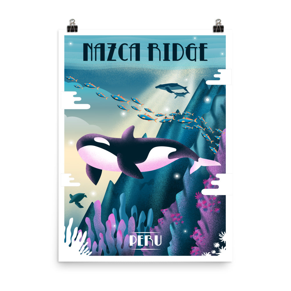 Nazca Ridge Poster, blue whale swimming surrounded by ocean life, colors of turquoise, blue, white, purple, size 16x20.