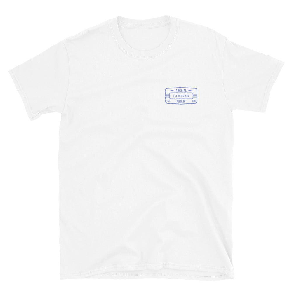 Blue marlin ocean nomad short sleeve white t-shirt with Blue marlin and words ocean nomad on back, size adult m.