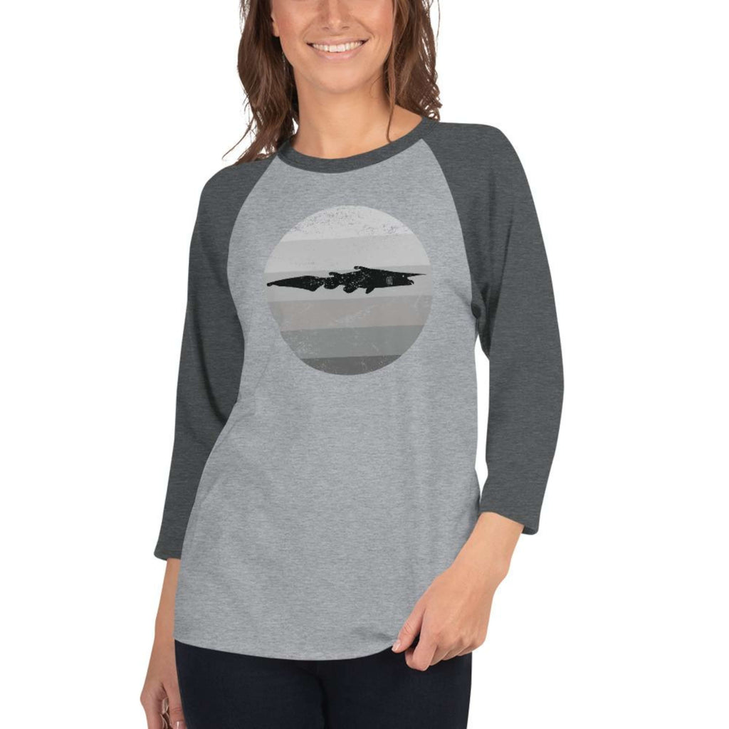 Heather grey/heather charcoal ¾ sleeve raglan shirt with goblin shark design on front of shirt, size M.