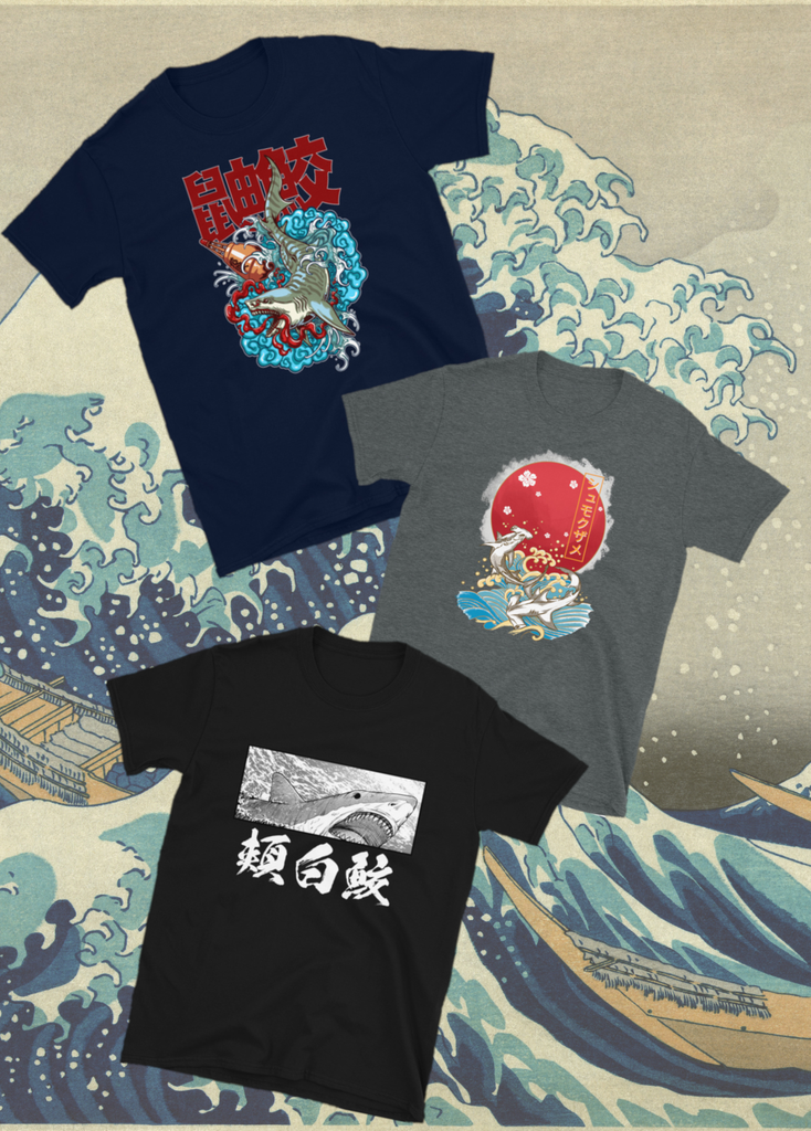 Shark T-shirts, three designs in navy, dark heather and black colors.