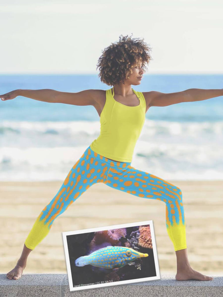 A person in yoga pose wearing harlequin filefish capri yoga leggings in blue and yellow with ocean background.