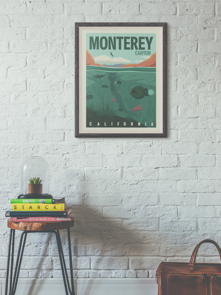 Travel poster, words Monterey Canyon at top, California at bottom, with fish swimming in ocean, mountains in the background.
