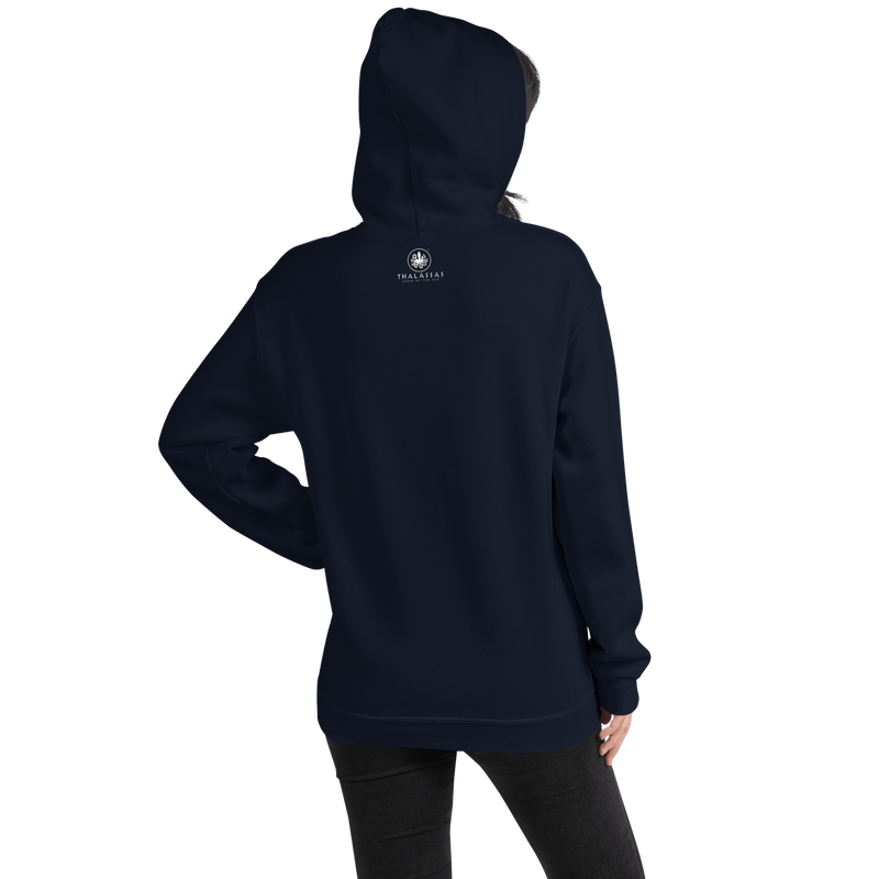 back view of a navy hoodie with light blue drawing of an octopus with Thalassas text below
