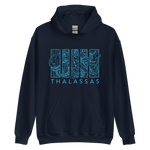navy hoodie with light blue drawing of an octopus with Thalassas text below