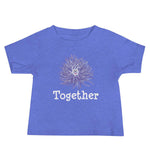 Soft Baby T-shirt, in color heather columbia blue, purple anemone on the front of shirt and word together below the anemone.