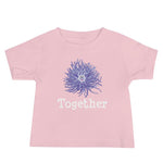 100% cotton Baby T-shirt, in color pink with purple anemone on the front of the shirt and word together below the anemone.