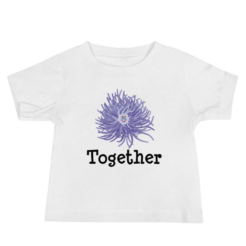 Baby T-shirt, in color white with purple anemone on the front of the shirt and the word together below the anemone.