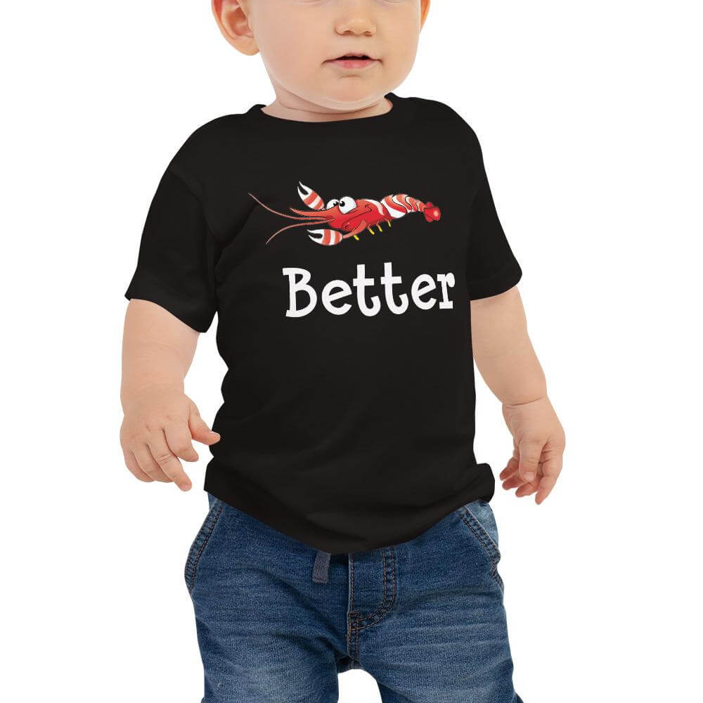 Baby wearing Candy Stripe Pistol Shrimp Baby T-Shirt, size 6-12m, in color black.
