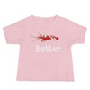Baby T-Shirt in color pink with a candy stripe pistol shrimp and the word better under the shrimp.