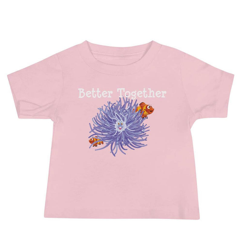 Soft Baby T-Shirt in color pink with purple anemone, orange clownfish and words better together on front of t-shirt.