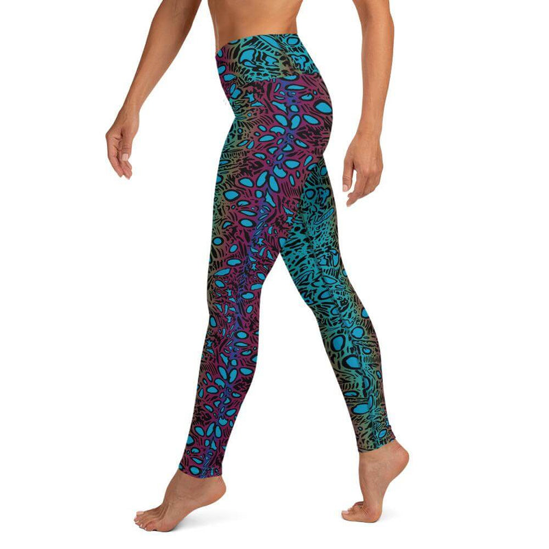 Left side view of comfortable leggings with detailed crocea clam pattern on left leg.