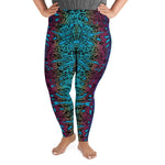 A woman wearing turquoise yoga leggings with crocea clam pattern in size 6XL.