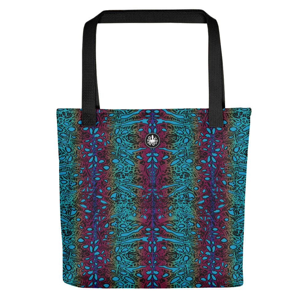 Turquoise, purple and blue tote bag with organic pattern inspired by the Crocea Clam, with Thalassas logo at top of bag.