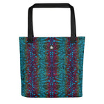 Turquoise, purple and blue tote bag with organic pattern inspired by the Crocea Clam, with Thalassas logo at top of bag.