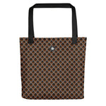 Cyerce Nigricans tote bag with scalloped fish scale pattern in black, orange and white, with Thalassas logo on top.
