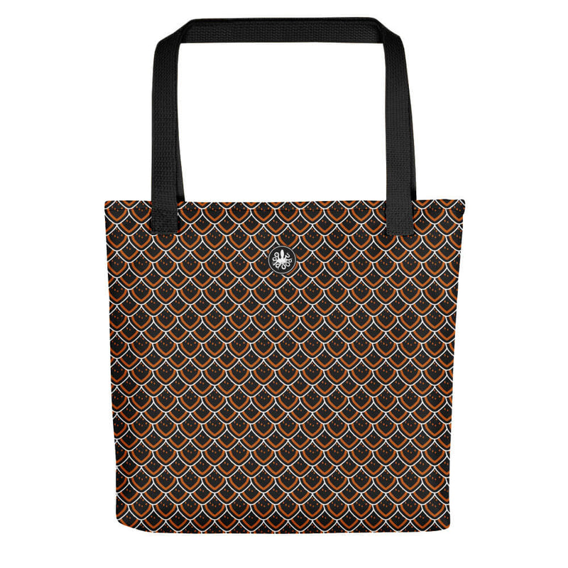 Cyerce Nigricans tote bag with scalloped fish scale pattern in black, orange and white, with Thalassas logo on top.