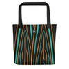 Black tote bag with turquoise, orange lines in an organic pattern inspired by the electric swallowtail sea slug.