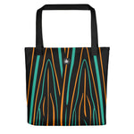 Black tote bag with turquoise, orange lines in an organic pattern inspired by the electric swallowtail sea slug.
