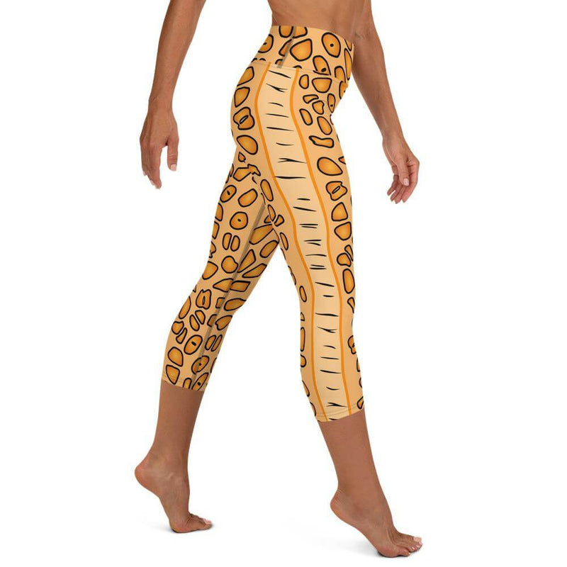 Right side view of person in the Flamingo Tongue Snail capri leggings showing leg detail on right side.