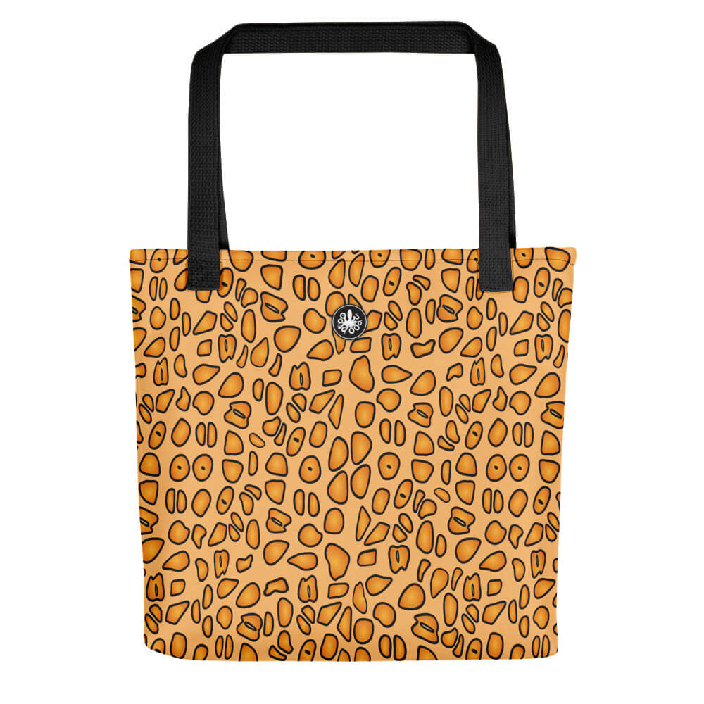 Yellow spotted tote bag, pattern inspired by the Flamingo Tongue Snail, with Thalassas logo at top of bag.