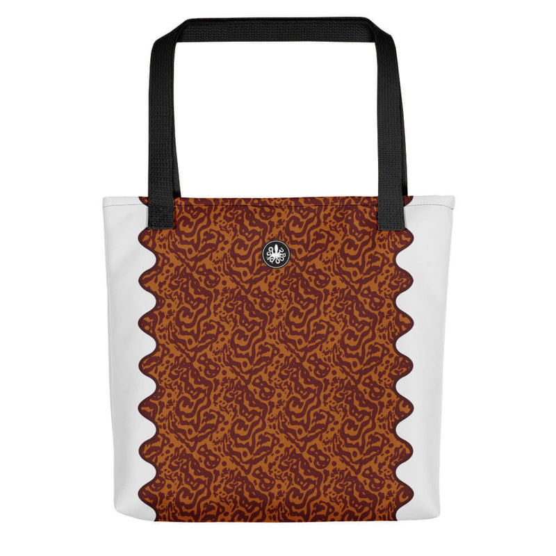 White tote bag, center section in burnt orange and orange pattern inspired by Glenie’s Chromodoris, Thalassas logo at top.