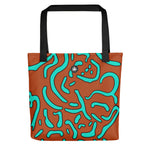 Patterned tote bag inspired by the green mandarin fish, with strong handles and Thalassas logo at top of bag.