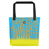 Bright and colorful tote bag with Harlequin FIlefish pattern in turquoise blue, orange and yellow, Thalassas logo at top of bag.