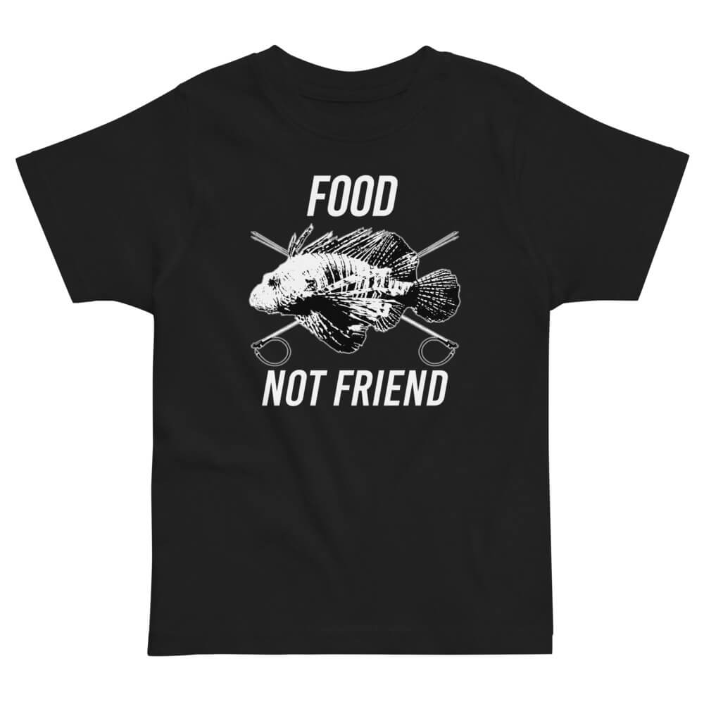 Lionfish food not friend kids t-shirt with lionfish design and words food not friend, in color black.