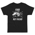 Lionfish food not friend kids t-shirt with lionfish design and words food not friend, in color black.
