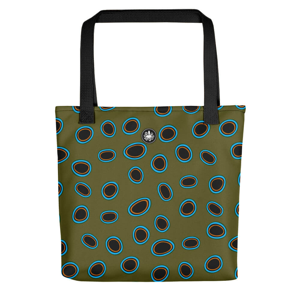 Spotted mandarin tote bag in dark green with black spots outlined in turquoise, thalassas logo at top of the bag.