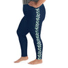 Left side view of person wearing 5XL size navy blue leggings with seafoam stingray pattern.