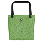 Lime green tote bag, with horizontal and vertical black line pattern inspired by Taylor’s Sea Hare, Thalassas logo at top.
