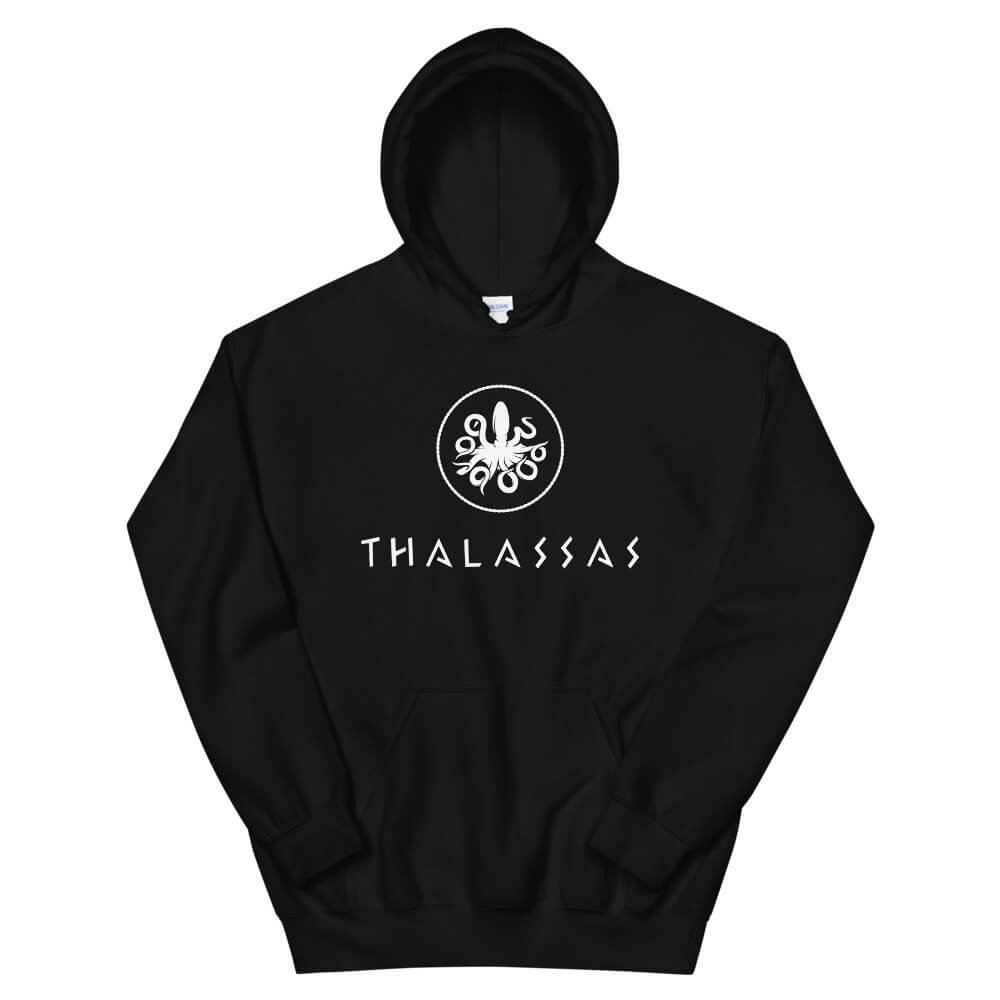 Thalassas unisex hoodie, with octopus logo at top and word thalassas at bottom, in adult size 4XL, color black.