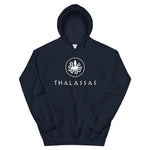 Navy version of the thalassas unisex hoodie design, adult size M.