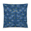 Blue throw pillow with black and yellow small dots, inspired by the Painted Infurcata, in size 18x18.