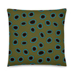 Spotted mandarin throw pillow in dark green with black spots outlined in turquoise, size 18x18.