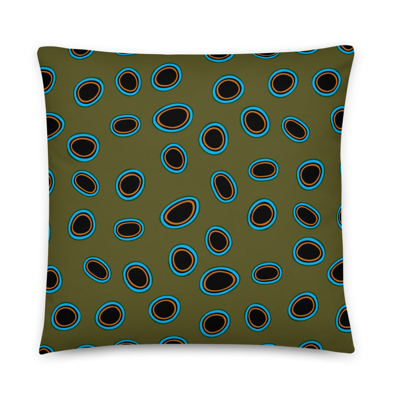 Spotted mandarin throw pillow in dark green with black spots outlined in turquoise, size 18x18.