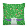 Bright green background pattern and sea sheep at bottom center of throw pillow, size 18x18.
