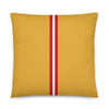 Yellow throw pillow with red and white stripe down the middle, pattern inspired by Skunk Cleaner Shrimp, size 18x18.