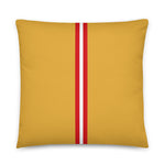 Yellow throw pillow with red and white stripe down the middle, pattern inspired by Skunk Cleaner Shrimp, size 18x18.