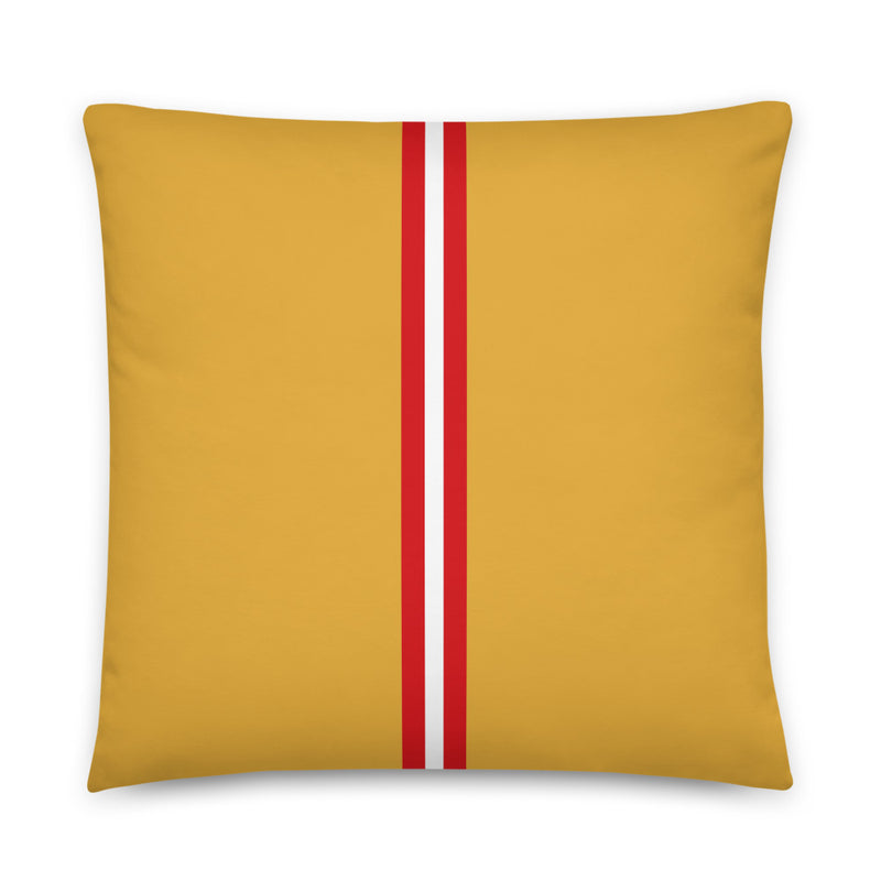 Yellow throw pillow with red and white stripe down the middle, pattern inspired by Skunk Cleaner Shrimp, size 18x18.