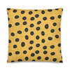 Yellow spotted throw pillow with brown spots outlined in turquoise, inspired by the Blue-Ringed Octopus, size 18x18.