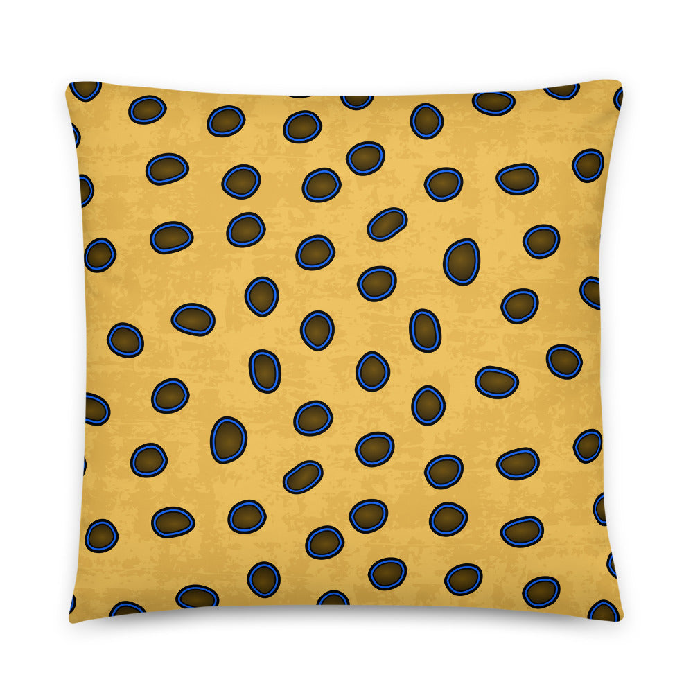 Yellow spotted throw pillow with brown spots outlined in turquoise, inspired by the Blue-Ringed Octopus, size 18x18.