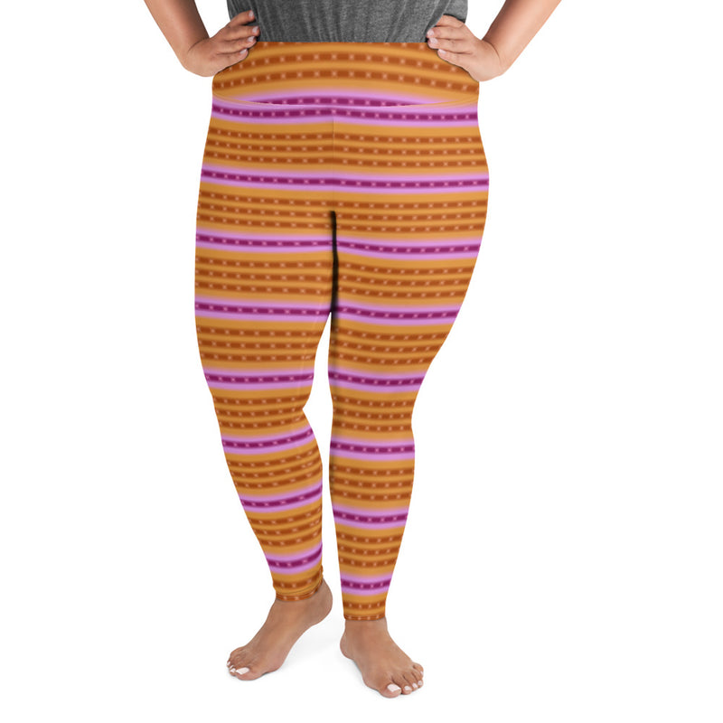 A person wearing 4XL plus size purple-ringed top snail yoga leggings.