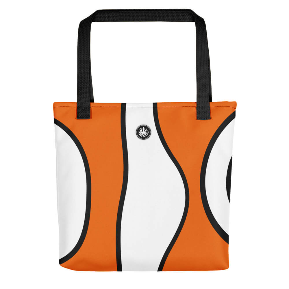 Orange, black and white stripe tote bag inspired by the clownfish pattern with Thalassas logo on top of bag.