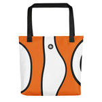 Orange, black and white stripe tote bag inspired by the clownfish pattern with Thalassas logo on top of bag.