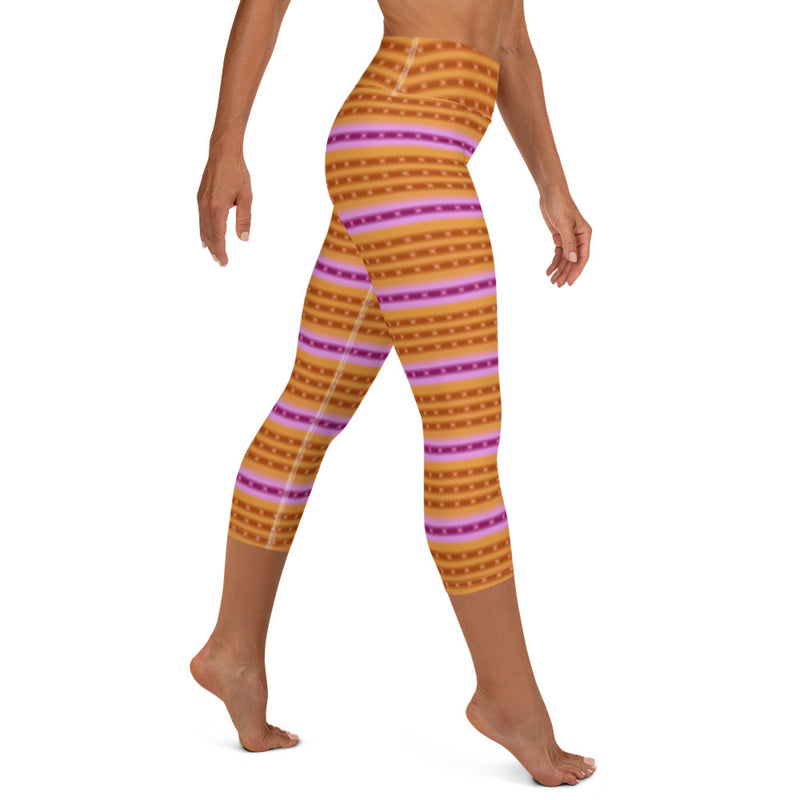 Right side view of cozy purple-ringed top snail capri leggings.